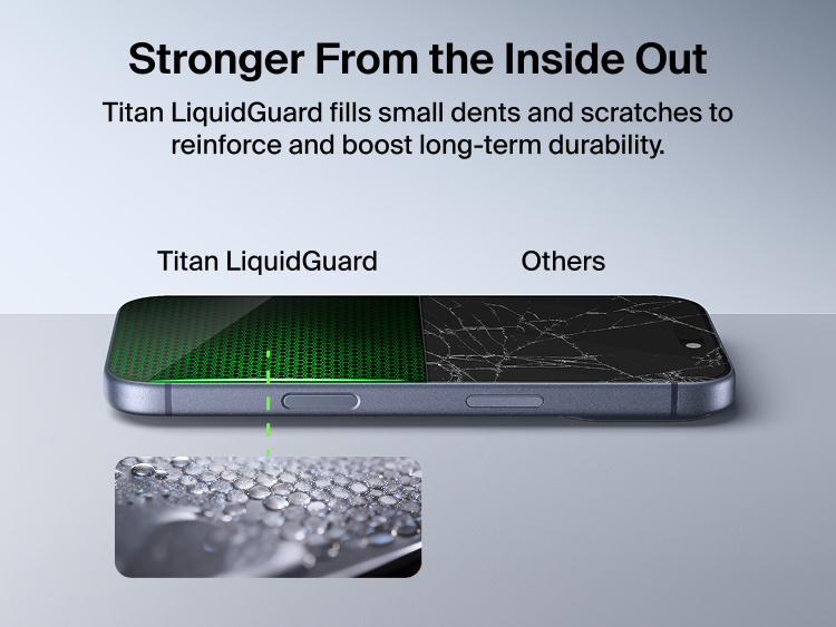 Belkin ScreenForce Titan LiquidGuard Screen Protector reinforcing smartphone glass by filling micro scratches and dents to improve durability and long-term screen protection.