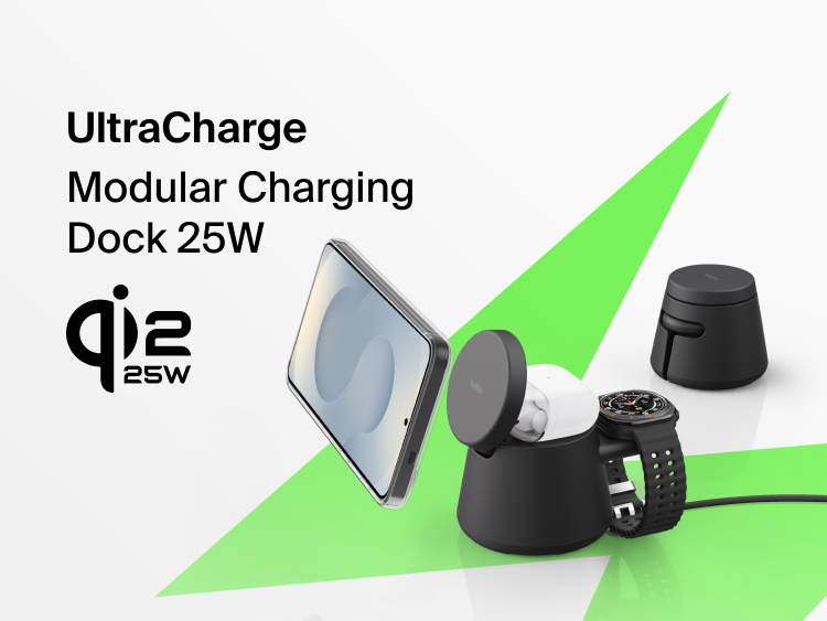 Belkin UltraCharge Modular Charging Dock with Qi2 25W delivering fast wireless charging for compatible smartphones, smartwatches, and earbuds in a modular all-in-one dock setup.
