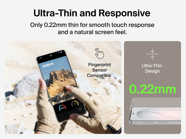 Belkin ScreenForce Titan EcoGuard Anti-Reflective Screen Protector for Samsung Galaxy S26 featuring an ultra-thin 0.22 mm design that delivers smooth touch response while remaining fully compatible with the fingerprint sensor.