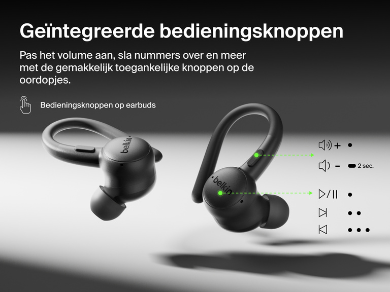 Belkin SoundForm ActiveFit Wireless Earbuds with secure ear hooks and built-in on-ear button controls for volume, track skipping, and playback.