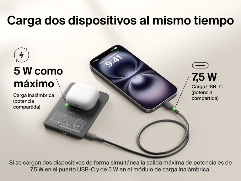 Belkin BoostCharge Slim Magnetic Power Bank 5K shown charging a smartphone and wireless earbuds simultaneously, demonstrating dual charging with 7.5W USB-C and 5W wireless shared power output.