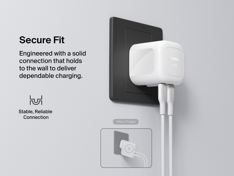Belkin BoostCharge Pro Dual USB-C GaN Wall Charger 67W shown plugged into an outlet, demonstrating a secure, stable connection for reliable wall charging performance.