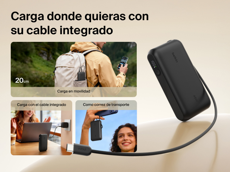 Belkin UltraCharge 10K power bank with integrated USB-C cable and digital display designed for portable charging, recharging, and convenient carry on the go