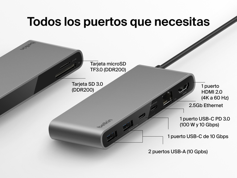 Se muestran la amplia conectividad de puertos que ofrece el hub USB-C de 8 puertos con 2.5Gb Ethernet de Belkin, incluyendo uno HDMI 2.0 (4K a 60 Hz), uno USB-C PD 3.0 (100 W y 10 Gbps), dos USB-A (10 Gbps), lectores de tarjetas SD y microSD y uno Ethernet.