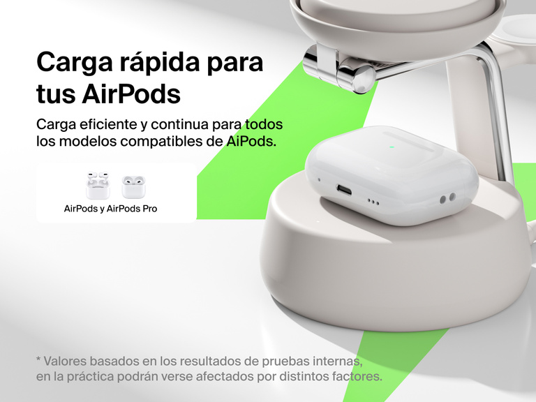La estación de carga magnética de carga 3 en 1 con Qi2 25W Belkin UltraCharge Pro ofrece una carga inalámbrica rápida y eficiente para cualquier modelo compatible de AirPods y AirPods Pro.