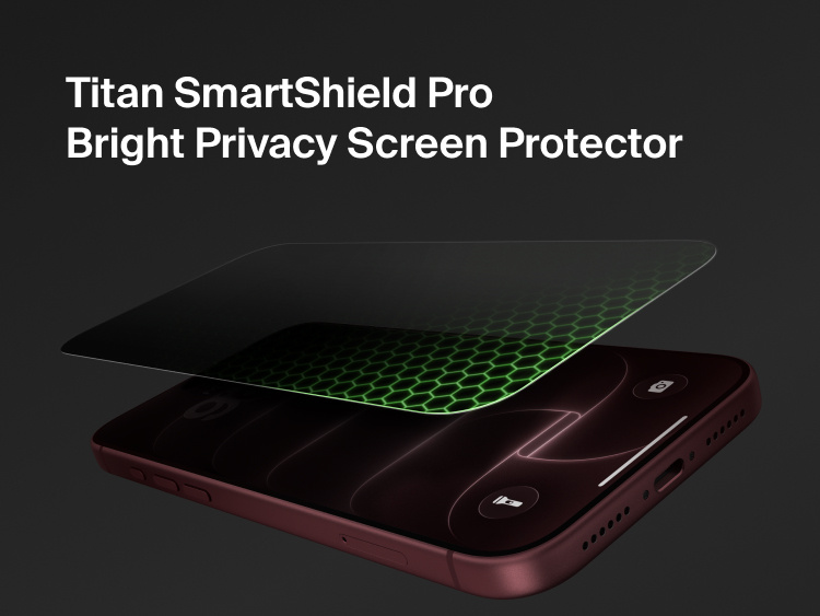 Belkin Titan SmartShield Bright Privacy Screen Protector for iPhone 18 shown above a smartphone with Nano-Titan Technology for screen protection.