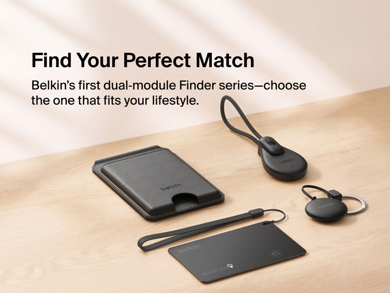 Belkin SureFind tracker collection displayed with wallet, card, lanyard and key ring options for tracking everyday essentials.