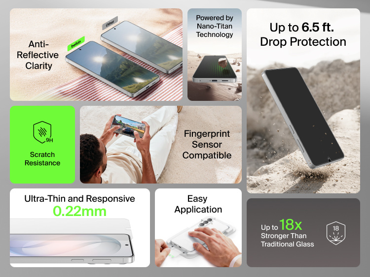Belkin ScreenForce Titan SmartShield Anti-Reflective Screen Protector for Samsung Galaxy S26 highlighting 9H scratch resistance, up to 6.5 ft drop protection, fingerprint sensor compatibility, ultra-thin 0.22 mm design, easy application, and glare-reducing clarity.