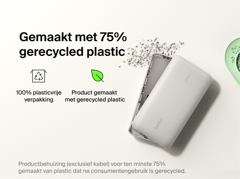 Belkin UltraCharge 20K 45W power bank with integrated cable made with recycled materials and plastic-free packaging for a more sustainable charging solution