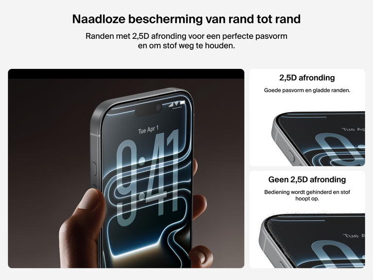 Belkin ScreenForce InvisiGlass-screenprotector met een afronding van 2,5D voor een goede pasvorm en om ophoping van stof aan de randen te voorkomen.