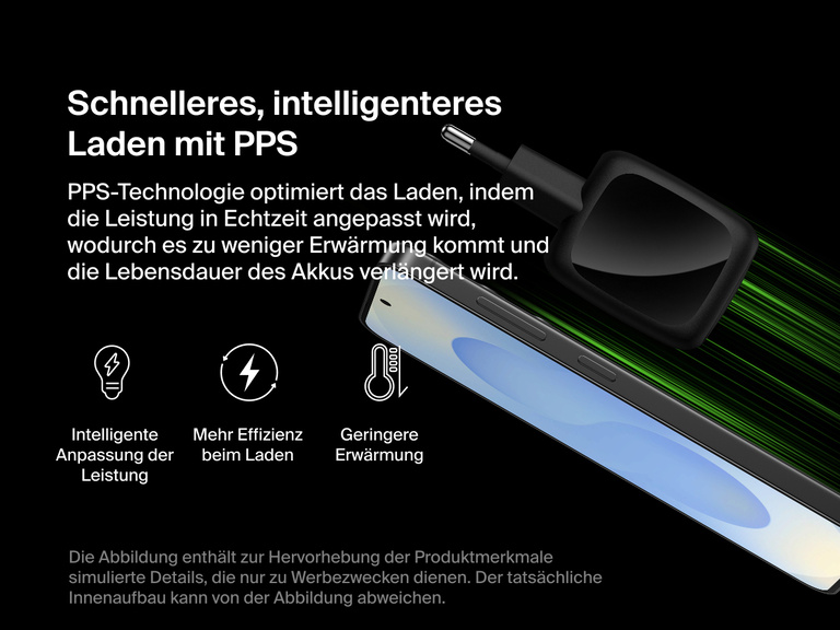 Das Belkin BoostCharge Pro USB-C-GaN-Ladegerät mit zwei Anschlüssen (50 W) und PPS-Technologie, die zum intelligenten Anpassen der Leistung, zur Verbesserung der Effizienz beim Laden, geringerer Erwärmung beim Schnellladen und Schonung des Akkus dient.