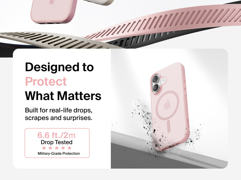 Belkin SheerForce Grip Series Case for iPhone 17 shown with textured grip and impact protection against drops.