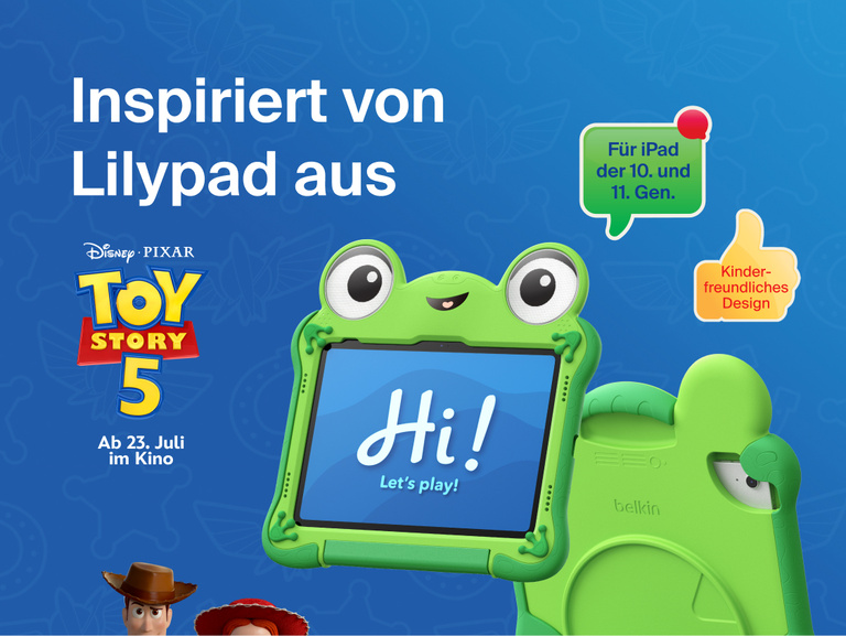 Disney Toy Story 5 Lilypad Case for iPad 10th and 11th Gen with frog-inspired design holding tablet displaying &ldquo;Hi! Let&rsquo;s play!&rdquo; and Toy Story 5 branding with kid-friendly design callout
