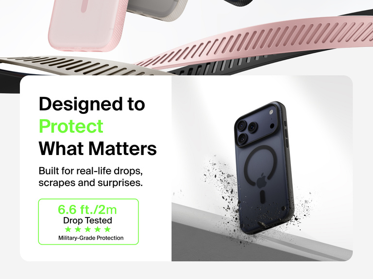 Belkin SheerForce Grip Series Case for iPhone 17 shown with textured grip and impact protection against drops.