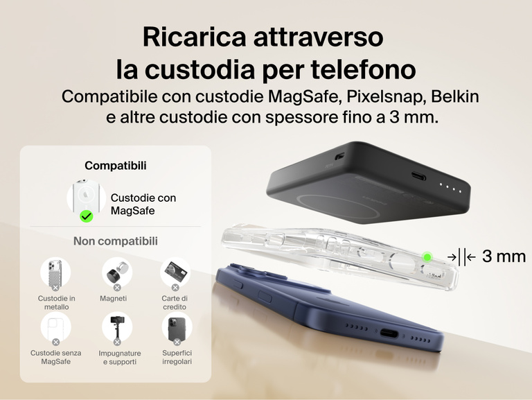 Slim Magnetic Power Bank 10K with Qi2 hovering above smartphone with case demonstrating compatibility and magnetic alignment