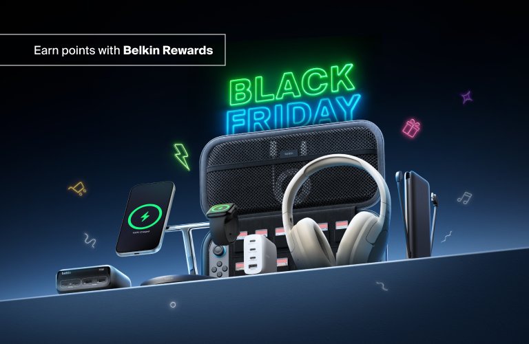 Belkin Black Friday promo showcasing a lineup of charging accessories, audio gear, and tech essentials beneath a neon Black Friday sign with a Belkin Rewards message.