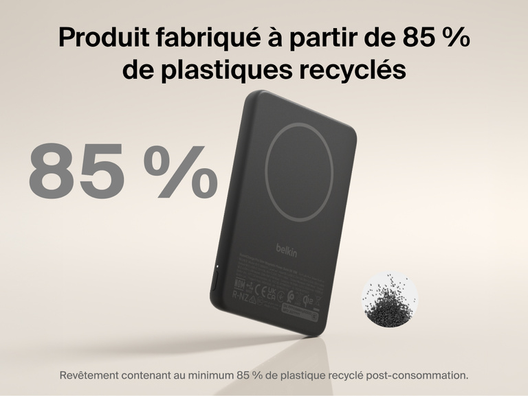 Belkin BoostCharge Slim Magnetic Power Bank 5K with Qi2 shown made with at least 85 percent post-consumer recycled plastic for a more sustainable portable charging solution.