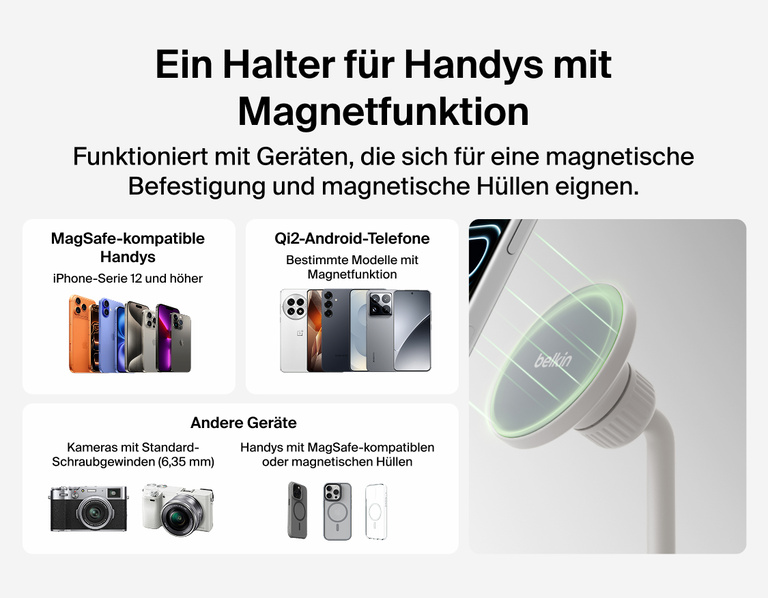 Image showing Belkin Stage Creator Kit magnetic mount compatible with MagSafe iPhones, Qi2 Android phones, and devices with magnetic cases or standard 1/4-inch screw threads for universal use.