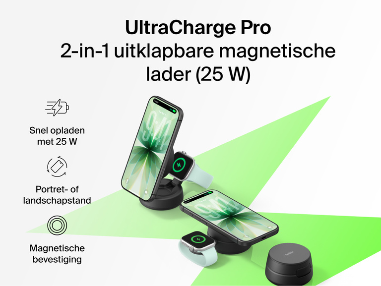 De Belkin UltraCharge Pro 2-in-1 verstelbare magnetische lader met Qi2 25W laadt een smartphone en een smartwatch snel draadloos op met veilige magnetische uitlijning, en ondersteunt de landschap- en de portretstand.