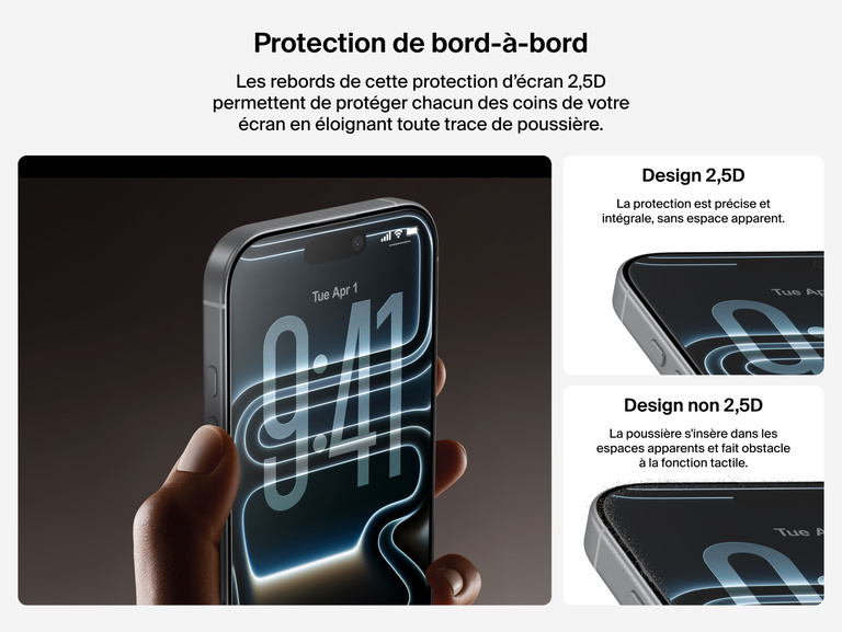 Protection d'&eacute;cran Belkin ScreenForce InvisiGlass avec protection int&eacute;grale 2,5D contre la poussi&egrave;re.