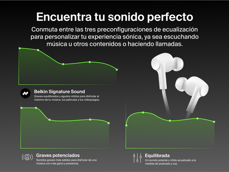 Belkin SoundForm ANC Wired Earbuds with USB-C® offer customizable EQ presets including Signature Sound, Balanced, and Bass Boost for a personalized listening experience.