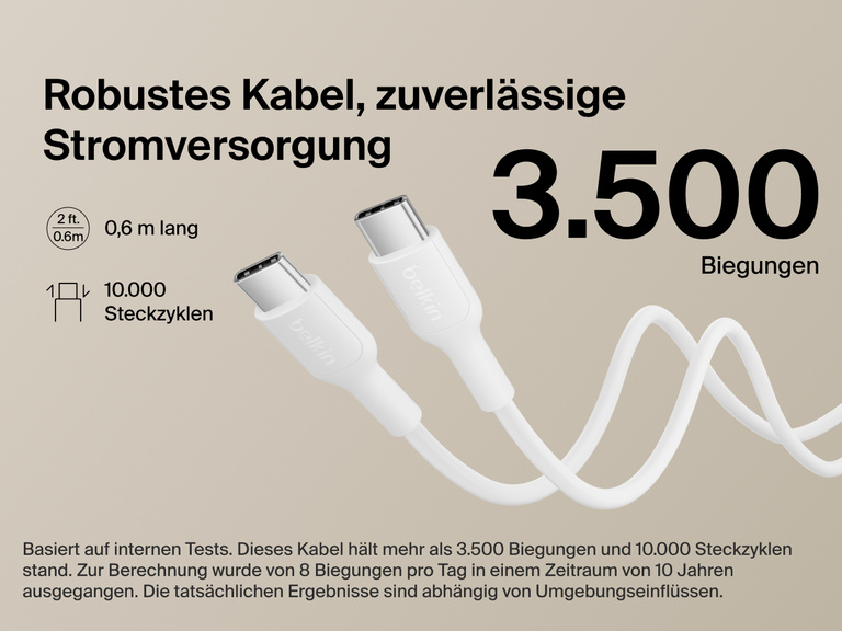 Belkin BoostCharge Slim Magnetic Power Bank 5K shown with durable USB-C to USB-C cable designed for 3,500+ bends and reliable long-lasting charging performance.