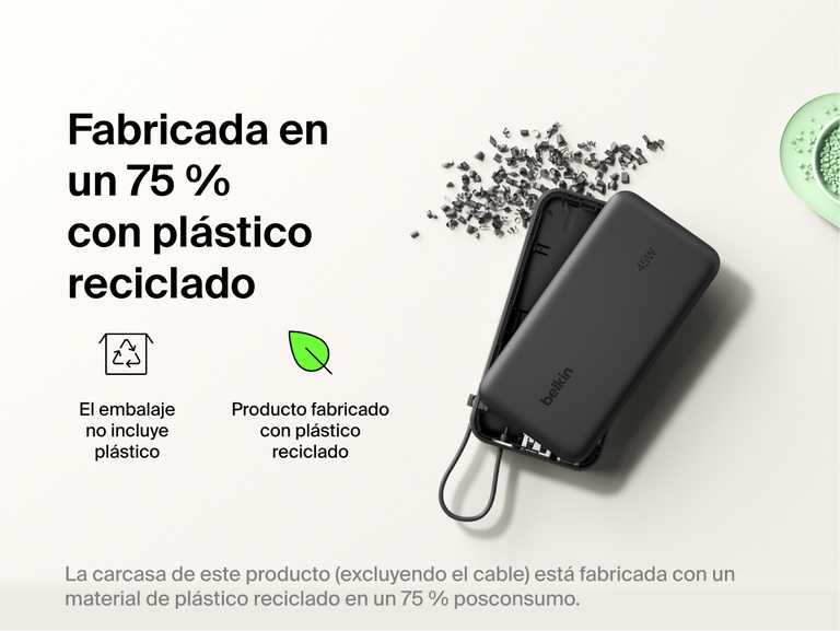 Belkin UltraCharge 10K power bank with integrated USB-C cable and digital display made with 75% recycled plastic and eco-friendly packaging