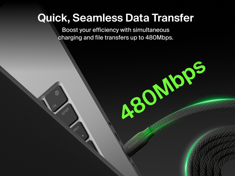 Belkin BoostCharge Pro Magnetic USB-C Cable 240W shown connected to a laptop, supporting fast charging and seamless data transfer speeds up to 480 Mbps.