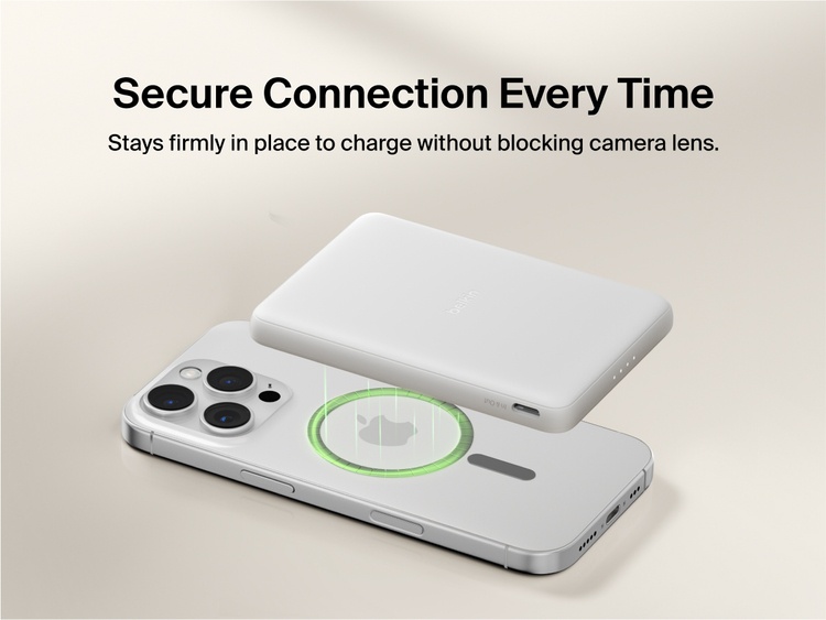 Belkin BoostCharge Slim Magnetic Power Bank 5K shown magnetically aligned between a smartphone and wallet accessory, demonstrating precise magnetic ring for secure attachment and camera-safe design.