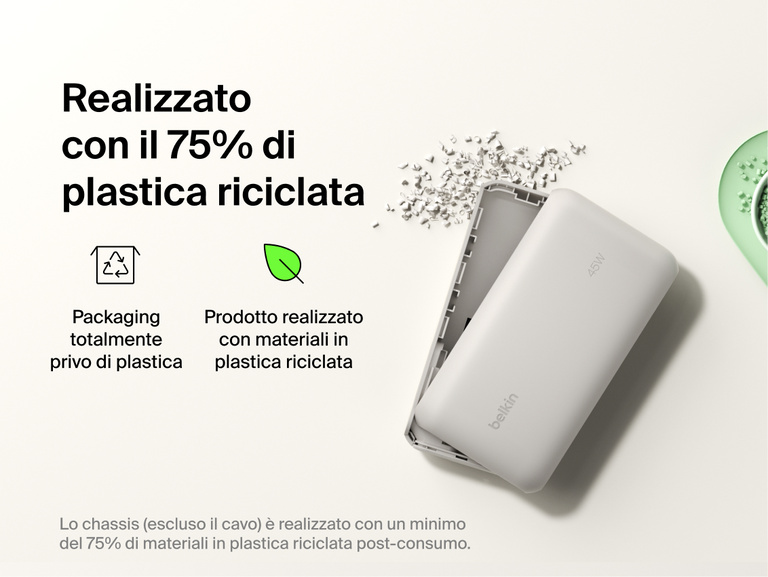 Belkin UltraCharge 20K 45W power bank with integrated cable made with recycled materials and plastic-free packaging for a more sustainable charging solution