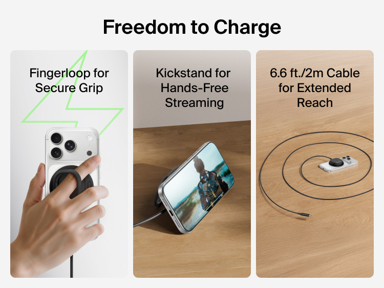 Belkin UltraCharge Magnetic Charger with Qi2 25W shown with finger loop, kickstand functionality, and an included 2m cable for flexible charging and hands-free use.