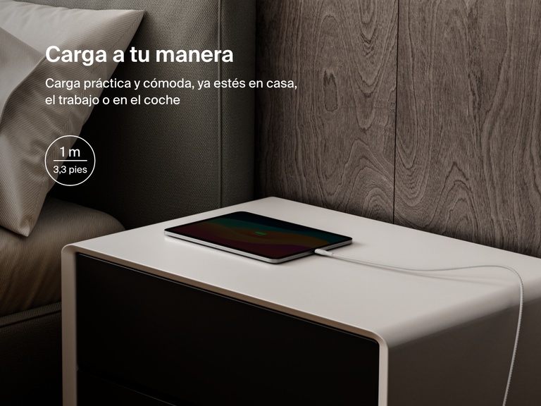 Belkin BoostCharge Pro USB-C to USB-C Braided Cable 240W shown charging a tablet on a nightstand, emphasizing its 1-meter (3.3 ft) length for convenient charging anywhere.