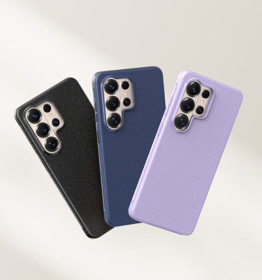 Three smartphones shown from the back in protective cases, displayed in black, blue, and purple color options against a light background.