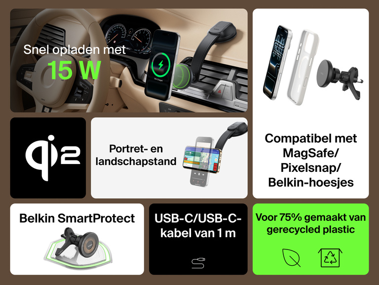 Infographic showing the Belkin BoostCharge Magnetic Wireless Charging Car Vent and Dash Mount with 15W fast charging, MagSafe/Pixelsnap compatibility, portrait or landscape viewing, SmartProtect safety, and 75% recycled plastic construction.