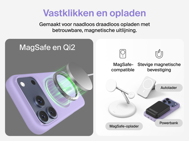 Belkin ScreenForce Protect-hoesje voor de iPhone 17, met opstaande randen ter bescherming van het scherm en de camera en dat gemaakt is ter ondersteuning van naadloos magnetisch draadloos opladen.
