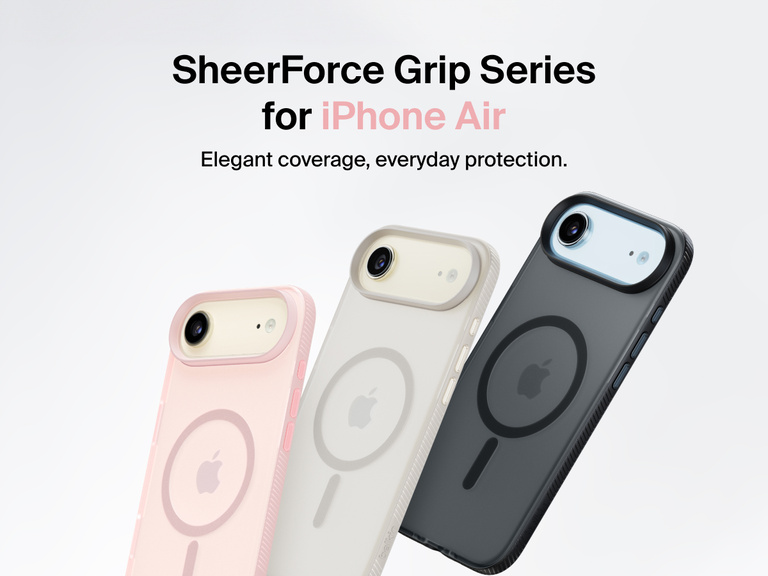 Belkin SheerForce Grip Series protective case for iPhone 17 shown in pink, clear, and black with slim design and MagSafe compatibility.