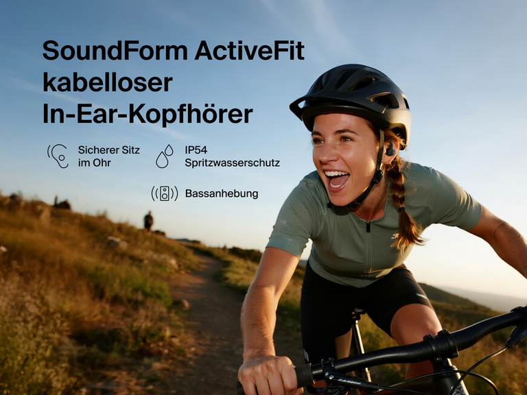 Belkin SoundForm ActiveFit Wireless Earbuds with secure in-ear fit, IP54 water resistance, and bass boost, shown on a cyclist outdoors.