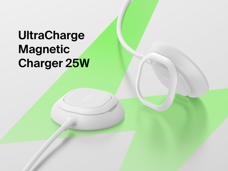 Belkin UltraCharge Magnetic Charger with Qi2 25W shown as a sleek magnetic charging pad and stand designed for fast, secure wireless charging.