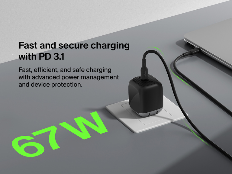 Belkin BoostCharge Pro Dual USB-C GaN Wall Charger 67W shown delivering fast and secure PD 3.1 charging with advanced power management for efficient device protection.