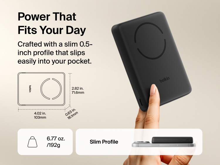 Belkin BoostCharge Slim Magnetic Power Bank 10K slim portable design with compact dimensions and lightweight build for easy pocket storage