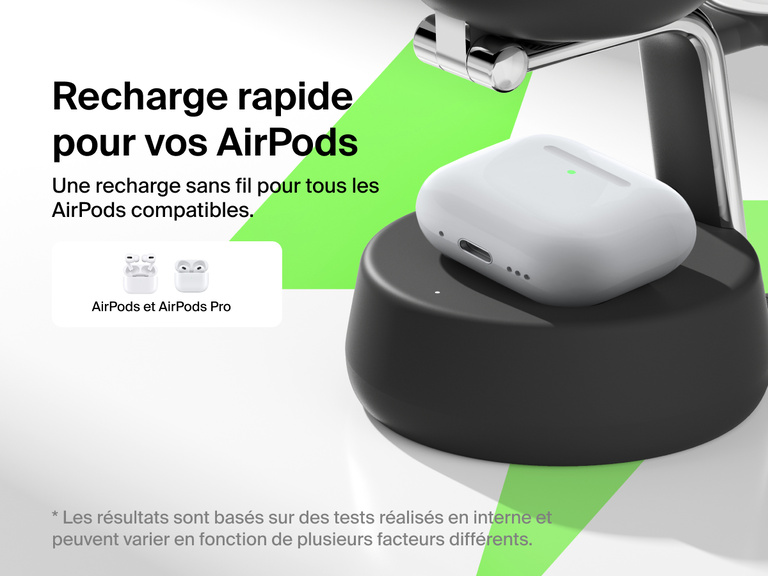 Station de recharge aimantée 3-en-1 Belkin UltraCharge Pro avec Qi2 (25 W) offrant une recharge sans fil rapide et fluide pour tous les modèles d’AirPods et AirPods Pro compatibles.