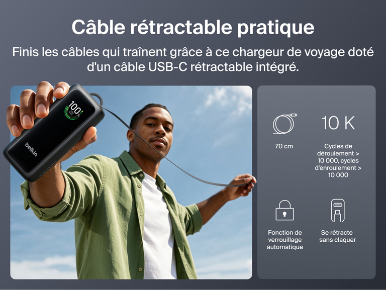 Image d'une personne tenant la batterie externe 22K UltraCharge avec c&acirc;ble r&eacute;tractable en ext&eacute;rieur, avec son c&acirc;ble USB-C d&eacute;ploy&eacute;. Des ic&ocirc;nes indiquent la longueur du c&acirc;ble, le nombre de cycles de d&eacute;roulement, la fonction de verrouillage automatique et sa capacit&eacute; &agrave; se r&eacute;tracter en douceur.
