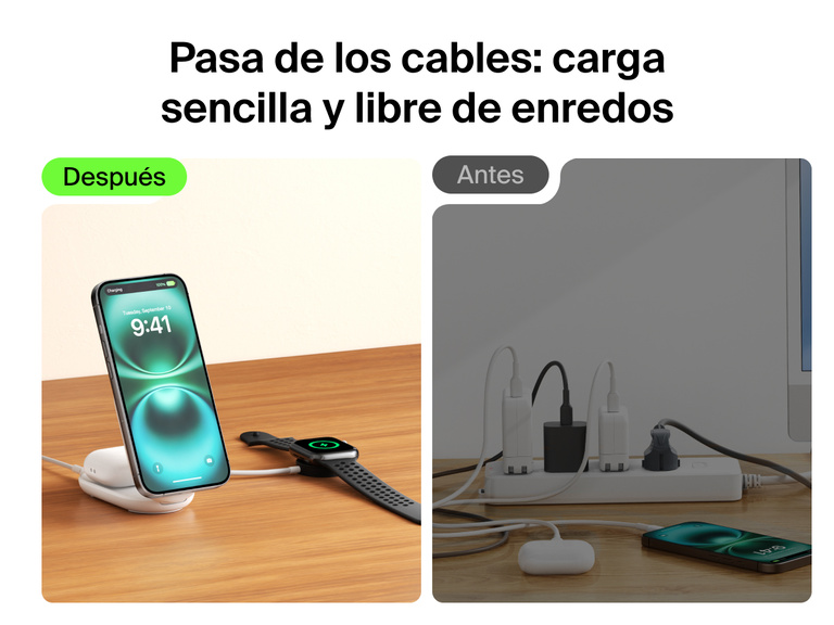 El cargador magnético plegable 2 en 1 con Qi2 25W Belkin UltraCharge brinda una solución elegante de carga inalámbrica sin cables para que puedas cargar a la vez tu iPhone, AirPods y Apple Watch.