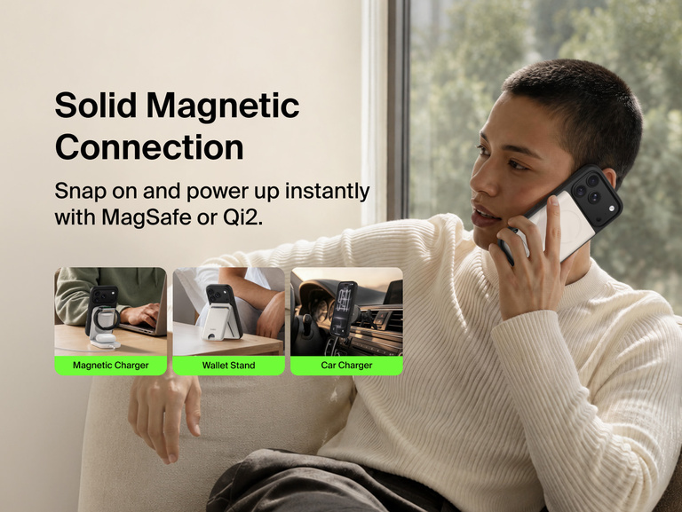 Belkin Protect Series Case for iPhone 18 supports MagSafe and Qi2 magnetic connections with compatible chargers, wallet stands, and car chargers.