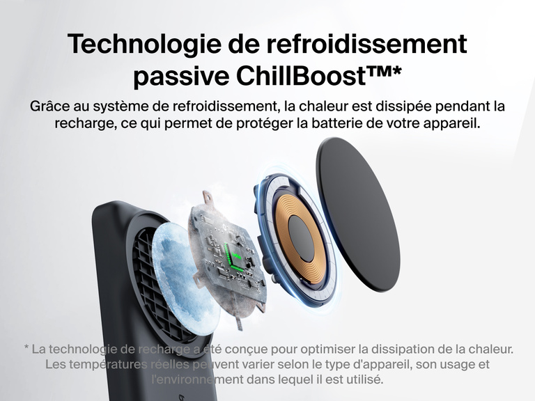 Socle de recharge 3-en-1 aimanté et pliable Belkin UltraCharge avec Qi2 (25 W) équipé de la technologie de refroidissement passive ChillBoost™ pour une dissipation de la chaleur et une protection de la batterie avancées.