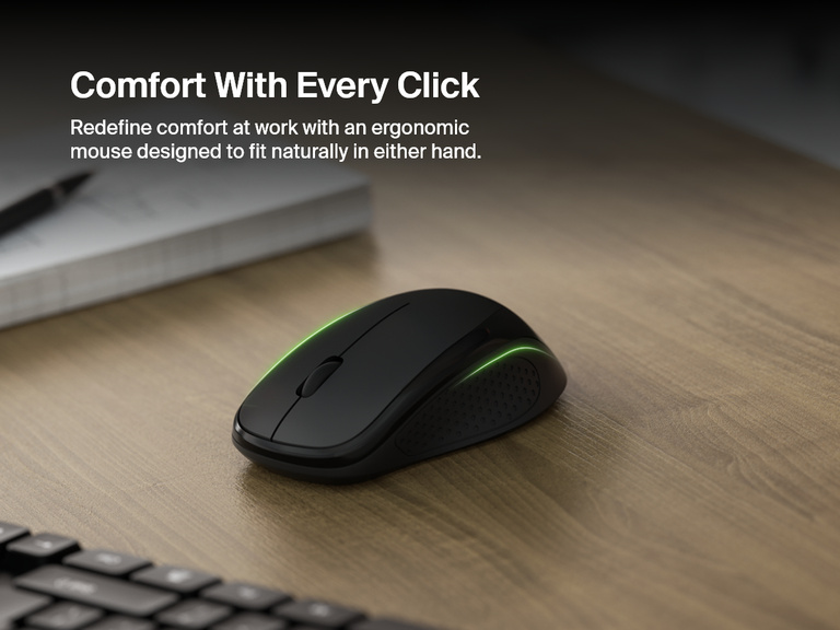 A close-up of the Belkin Connect ergonomic wireless mouse with green accent lighting is shown on a wooden desk, designed for comfortable use in either hand.