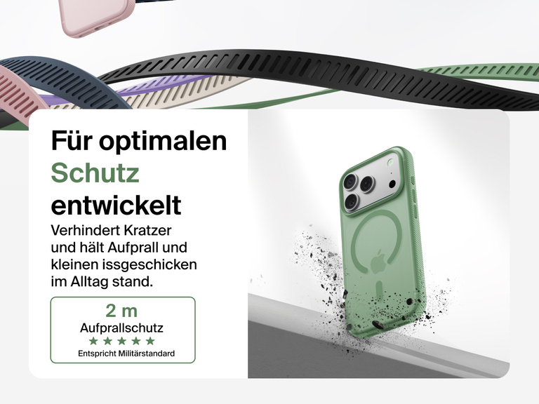 Belkin SheerForce Grip Series Case for iPhone 17 shown with textured grip and impact protection against drops.