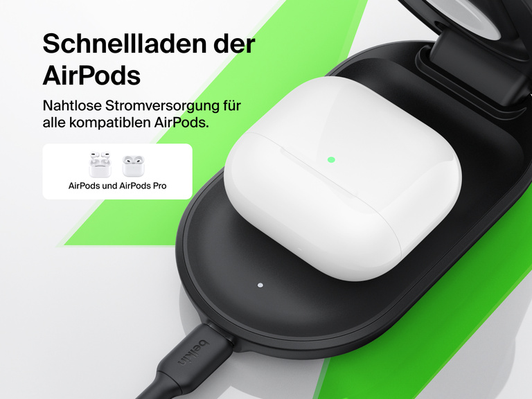 Da die Belkin UltraCharge faltbare magnetische 3-in-1-Ladestation mit Qi2 25W kompatibel mit den AirPods und AirPods Pro ist, bietet sie eine nahtlose, schnelle, kabellose Lademöglichkeit für diese Geräte.