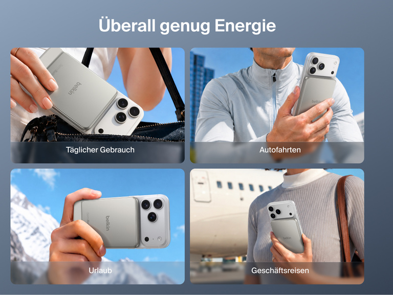 Die Belkin UltraCharge Pro schlanke magnetische Powerbank 5K mit BoostSolid-Zelle wird beim Gebrauch in folgenden Situationen gezeigt: unterwegs im Alltag, auf Wochenendreisen, auf dem Arbeitsweg und auf Gesch&auml;ftsreisen.