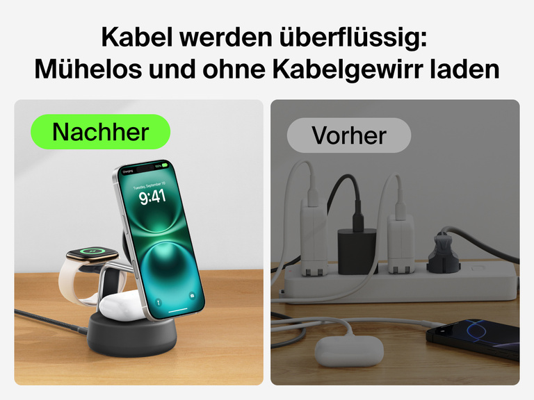 Die Belkin UltraCharge Pro magnetische 3-in-1-Ladestation mit Qi2 25W bietet eine stylische Lösung zum mühelosen, kabellosen Laden des iPhones, der Apple Watch und der AirPods ohne Kabelgewirr.